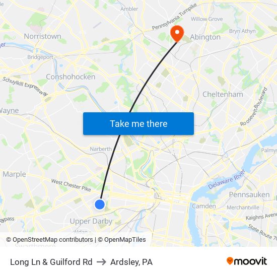 Long Ln & Guilford Rd to Ardsley, PA map