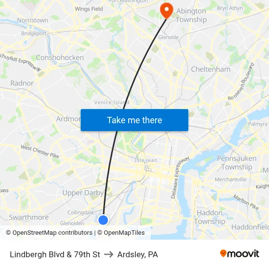Lindbergh Blvd & 79th St to Ardsley, PA map