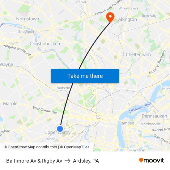 Baltimore Av & Rigby Av to Ardsley, PA map