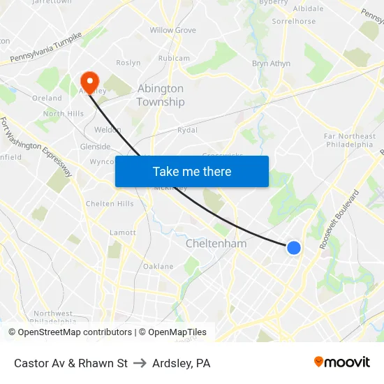 Castor Av & Rhawn St to Ardsley, PA map