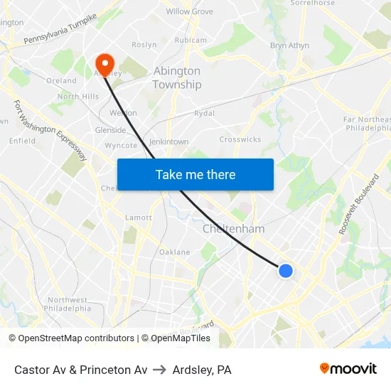 Castor Av & Princeton Av to Ardsley, PA map