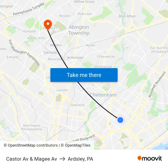Castor Av & Magee Av to Ardsley, PA map