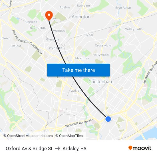 Oxford Av & Bridge St to Ardsley, PA map