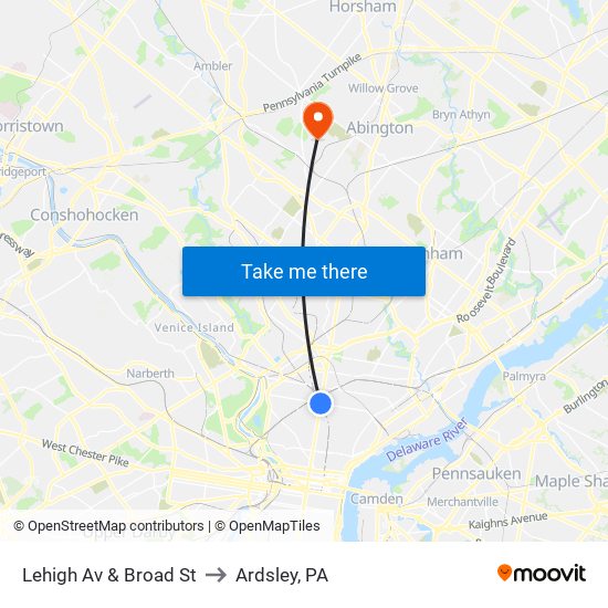 Lehigh Av & Broad St to Ardsley, PA map