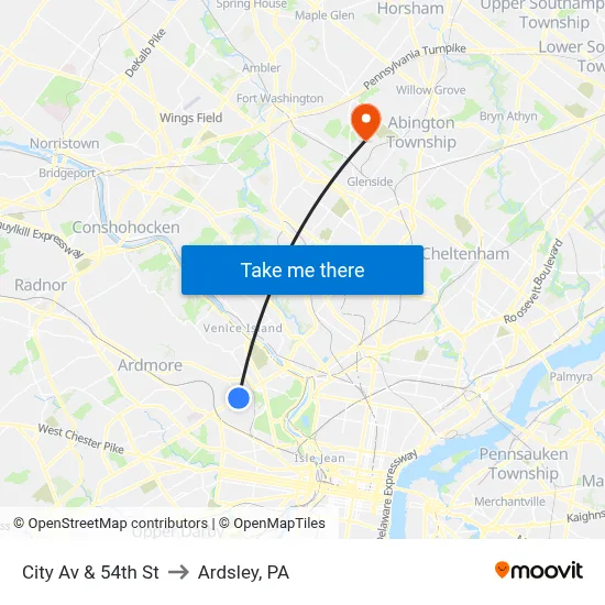City Av & 54th St to Ardsley, PA map