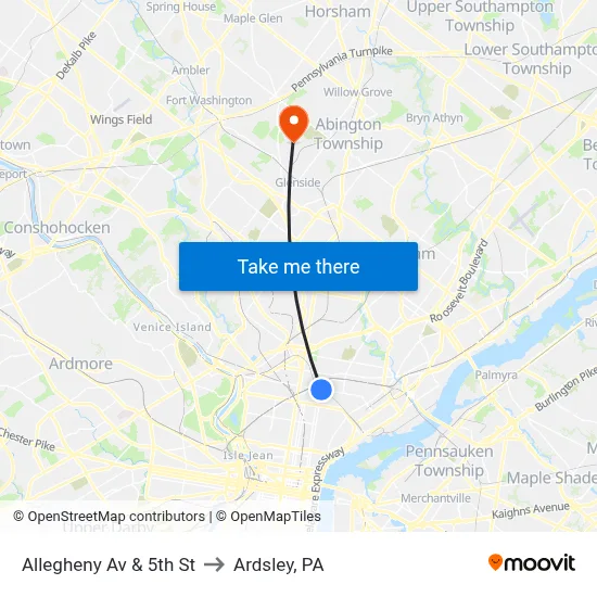 Allegheny Av & 5th St to Ardsley, PA map