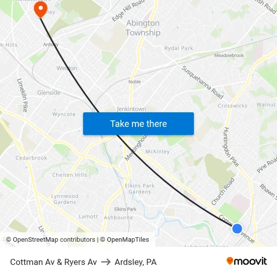 Cottman Av & Ryers Av to Ardsley, PA map