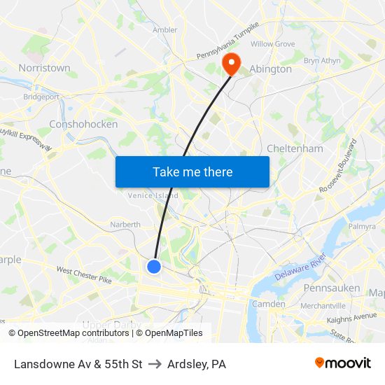 Lansdowne Av & 55th St to Ardsley, PA map