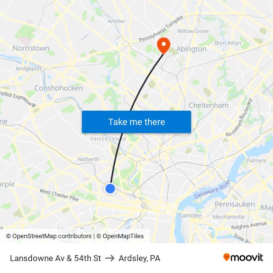 Lansdowne Av & 54th St to Ardsley, PA map