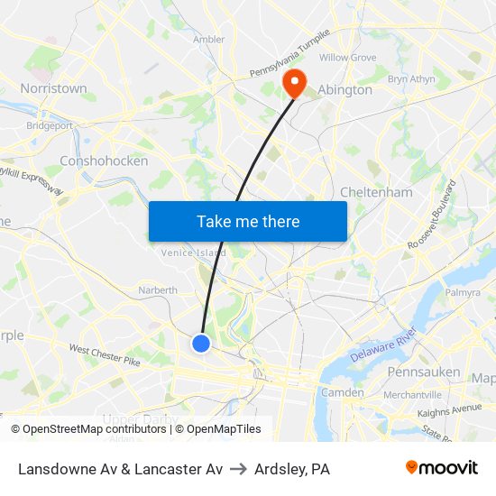 Lansdowne Av & Lancaster Av to Ardsley, PA map