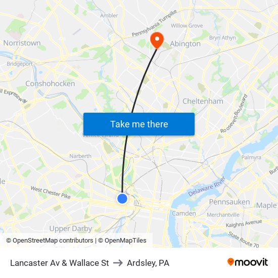 Lancaster Av & Wallace St to Ardsley, PA map