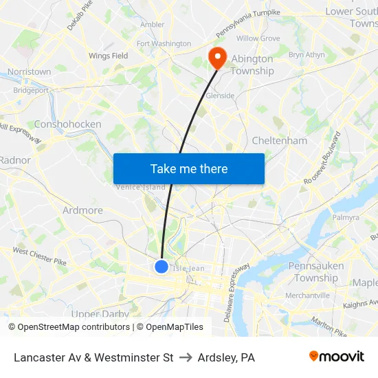 Lancaster Av & Westminster St to Ardsley, PA map