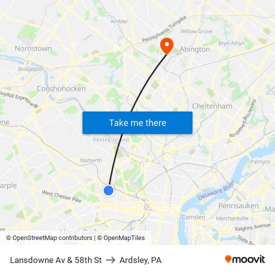 Lansdowne Av & 58th St to Ardsley, PA map