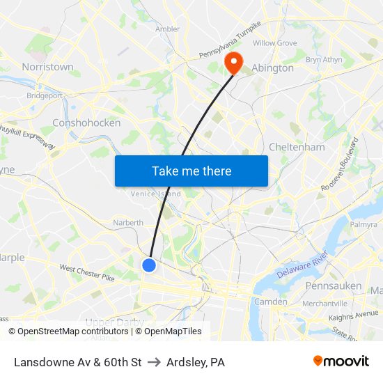 Lansdowne Av & 60th St to Ardsley, PA map