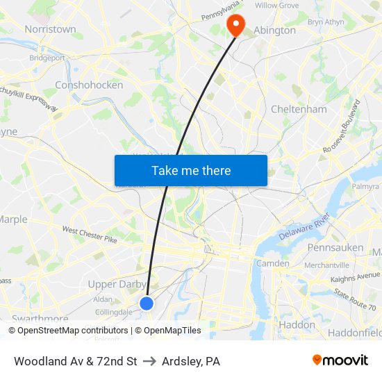 Woodland Av & 72nd St to Ardsley, PA map