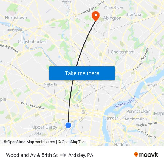 Woodland Av & 54th St to Ardsley, PA map