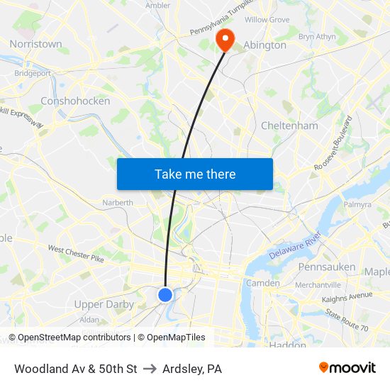 Woodland Av & 50th St to Ardsley, PA map