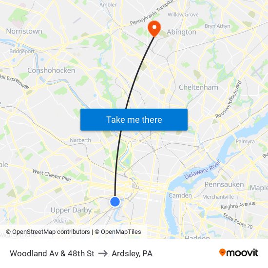 Woodland Av & 48th St to Ardsley, PA map
