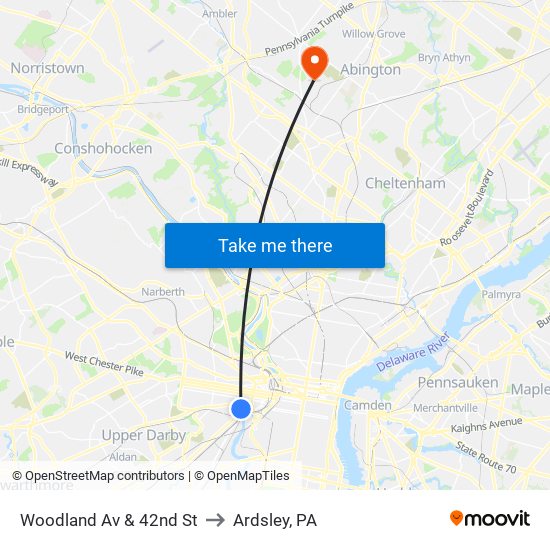 Woodland Av & 42nd St to Ardsley, PA map