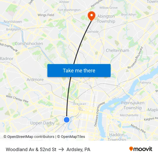 Woodland Av & 52nd St to Ardsley, PA map