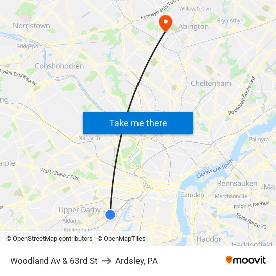 Woodland Av & 63rd St to Ardsley, PA map