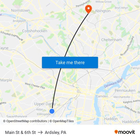 Main St & 6th St to Ardsley, PA map