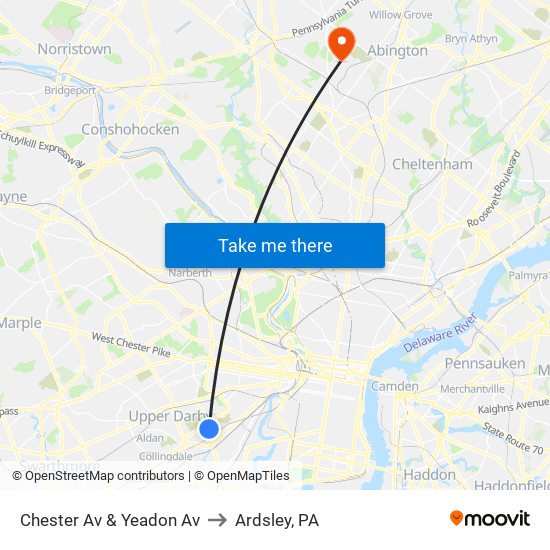 Chester Av & Yeadon Av to Ardsley, PA map