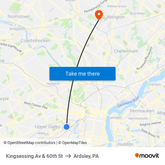 Kingsessing Av & 60th St to Ardsley, PA map