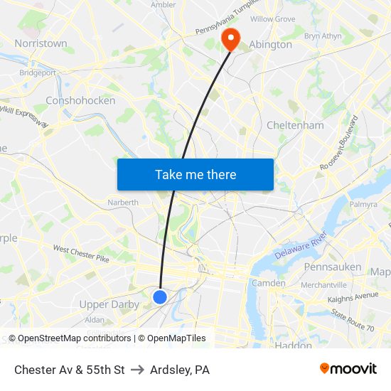 Chester Av & 55th St to Ardsley, PA map
