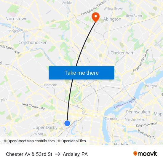 Chester Av & 53rd St to Ardsley, PA map