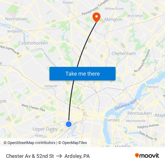 Chester Av & 52nd St to Ardsley, PA map