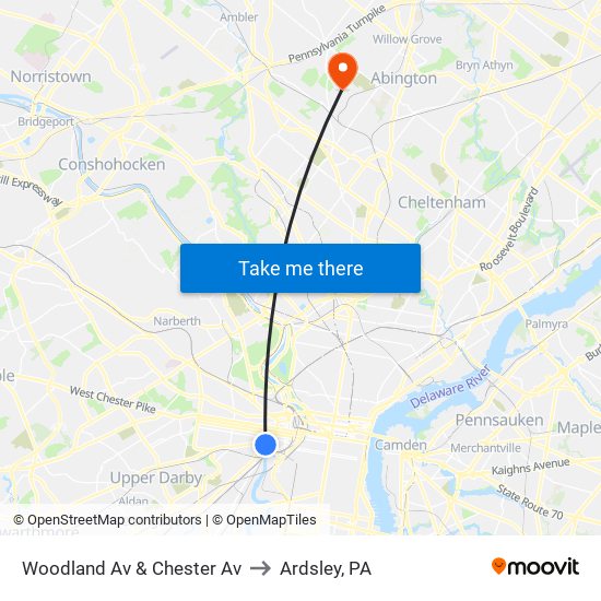 Woodland Av & Chester Av to Ardsley, PA map