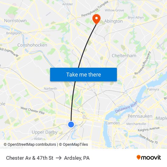 Chester Av & 47th St to Ardsley, PA map