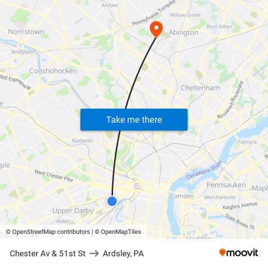 Chester Av & 51st St to Ardsley, PA map