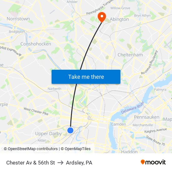 Chester Av & 56th St to Ardsley, PA map
