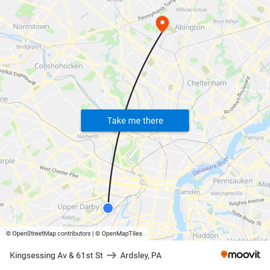 Kingsessing Av & 61st St to Ardsley, PA map