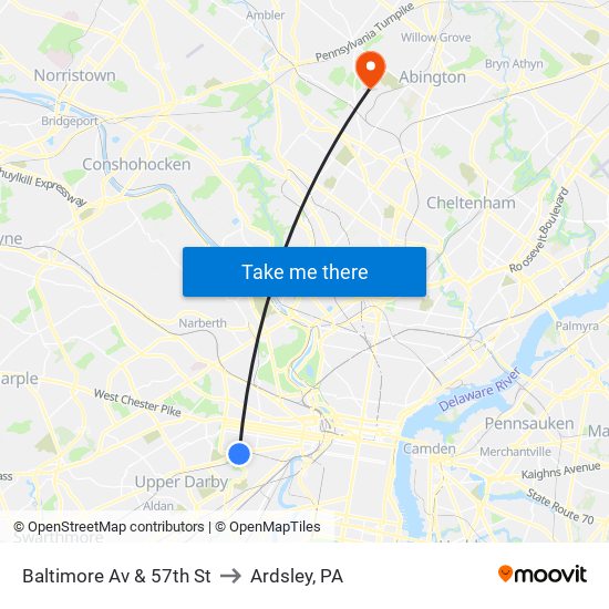 Baltimore Av & 57th St to Ardsley, PA map
