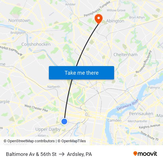 Baltimore Av & 56th St to Ardsley, PA map