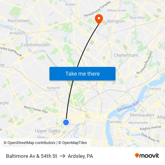 Baltimore Av & 54th St to Ardsley, PA map