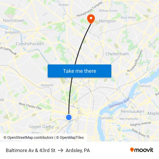 Baltimore Av & 43rd St to Ardsley, PA map