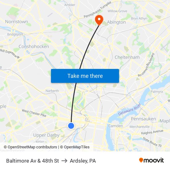 Baltimore Av & 48th St to Ardsley, PA map