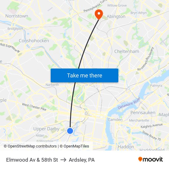 Elmwood Av & 58th St to Ardsley, PA map