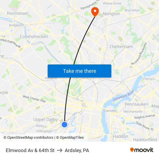 Elmwood Av & 64th St to Ardsley, PA map