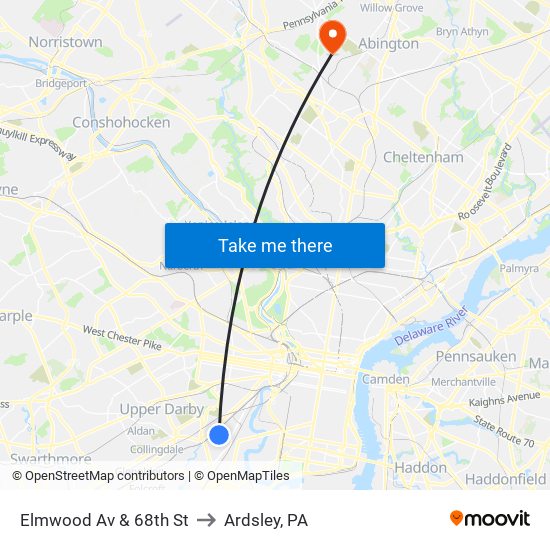 Elmwood Av & 68th St to Ardsley, PA map