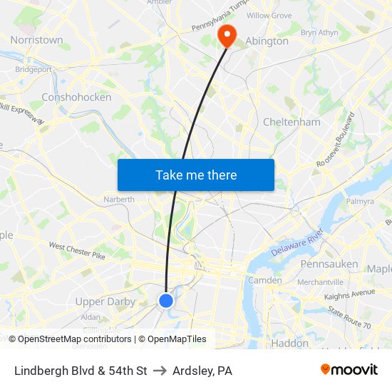 Lindbergh Blvd & 54th St to Ardsley, PA map
