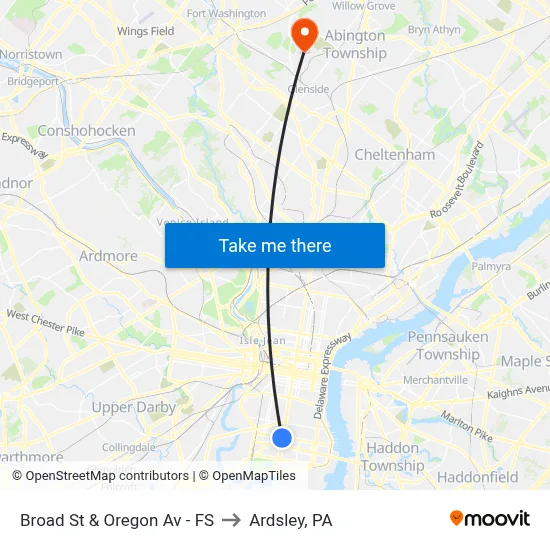 Broad St & Oregon Av - FS to Ardsley, PA map