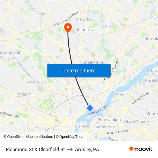 Richmond St & Clearfield St to Ardsley, PA map