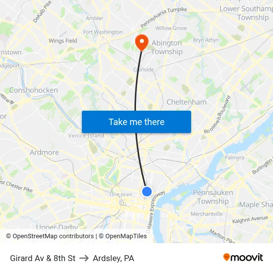 Girard Av & 8th St to Ardsley, PA map