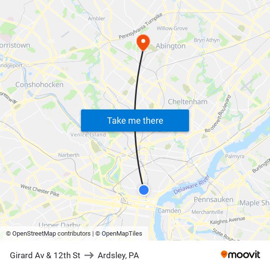 Girard Av & 12th St to Ardsley, PA map