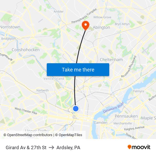 Girard Av & 27th St to Ardsley, PA map
